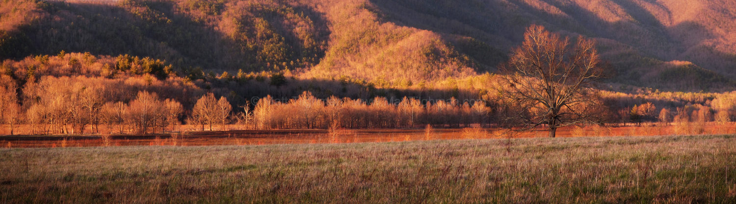 Fine art stock photograph from Cades Cove, in the Great Smoky Mountains National Park of Tennessee, where a beautiful sunset lights up the Appalachian Mountains and the valley floor.