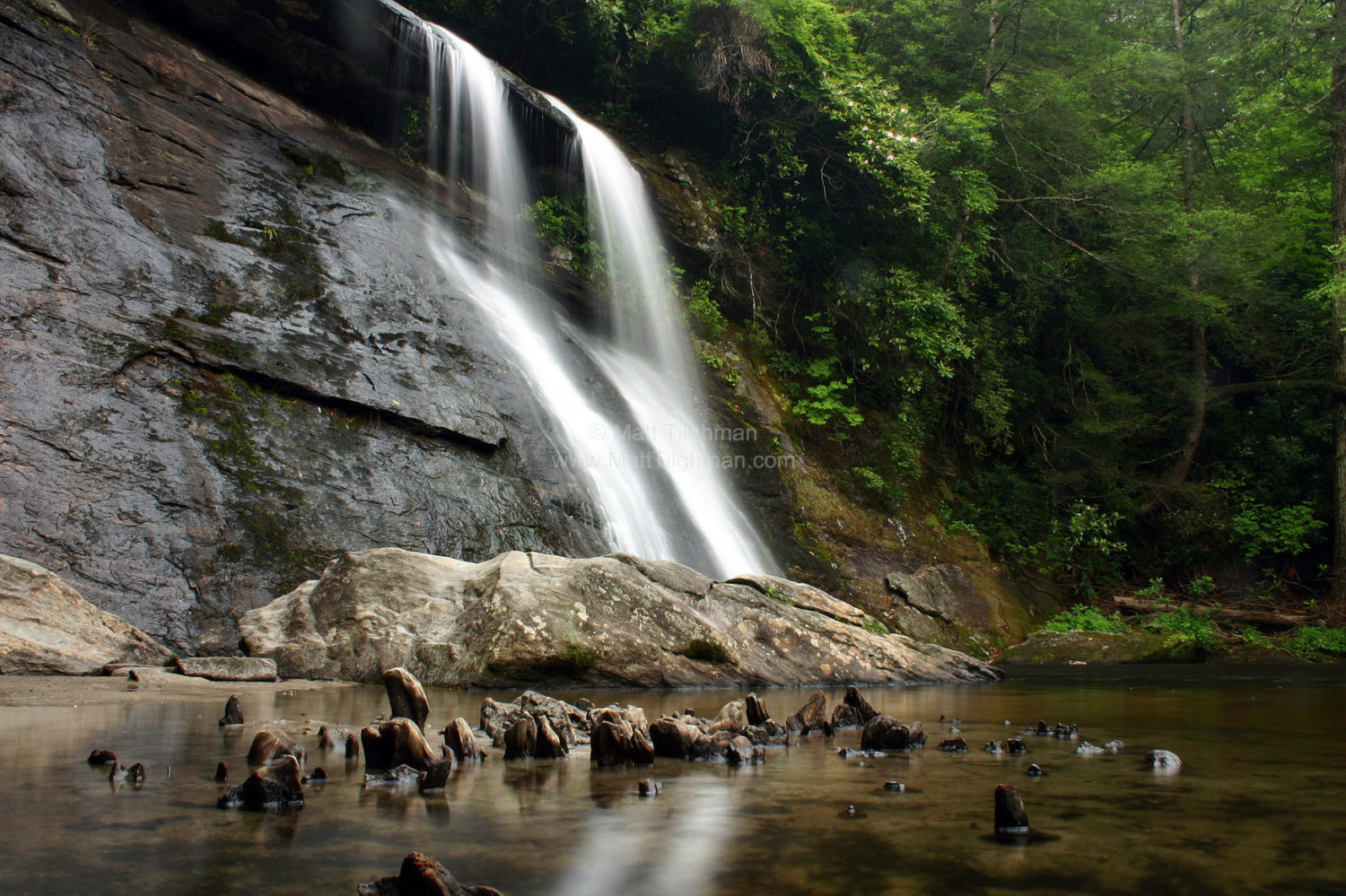 Fine art stock photograph of Silver Run Falls, a large waterfall near Cashiers, North Carolina. The area is a temperate rain forest, but this picture shows the falls after a drought.