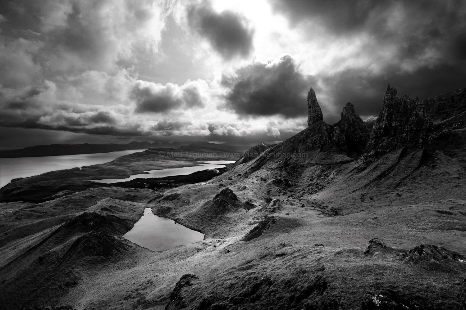 Fine art stock photograph of the iconic Old Man of Storr, standing sentinel over the Isle of Skye on a stormy day, in the Outer Hebrides of Scotland.