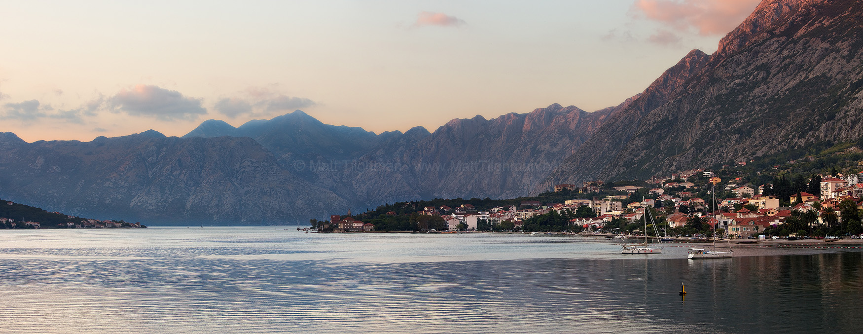 Kotor Bay, Montenegro, at sunset Fine art stock landscape photograph from the beautiful Dalmatian Coast region, showing the peaceful Kotor Bay, Montenegro.