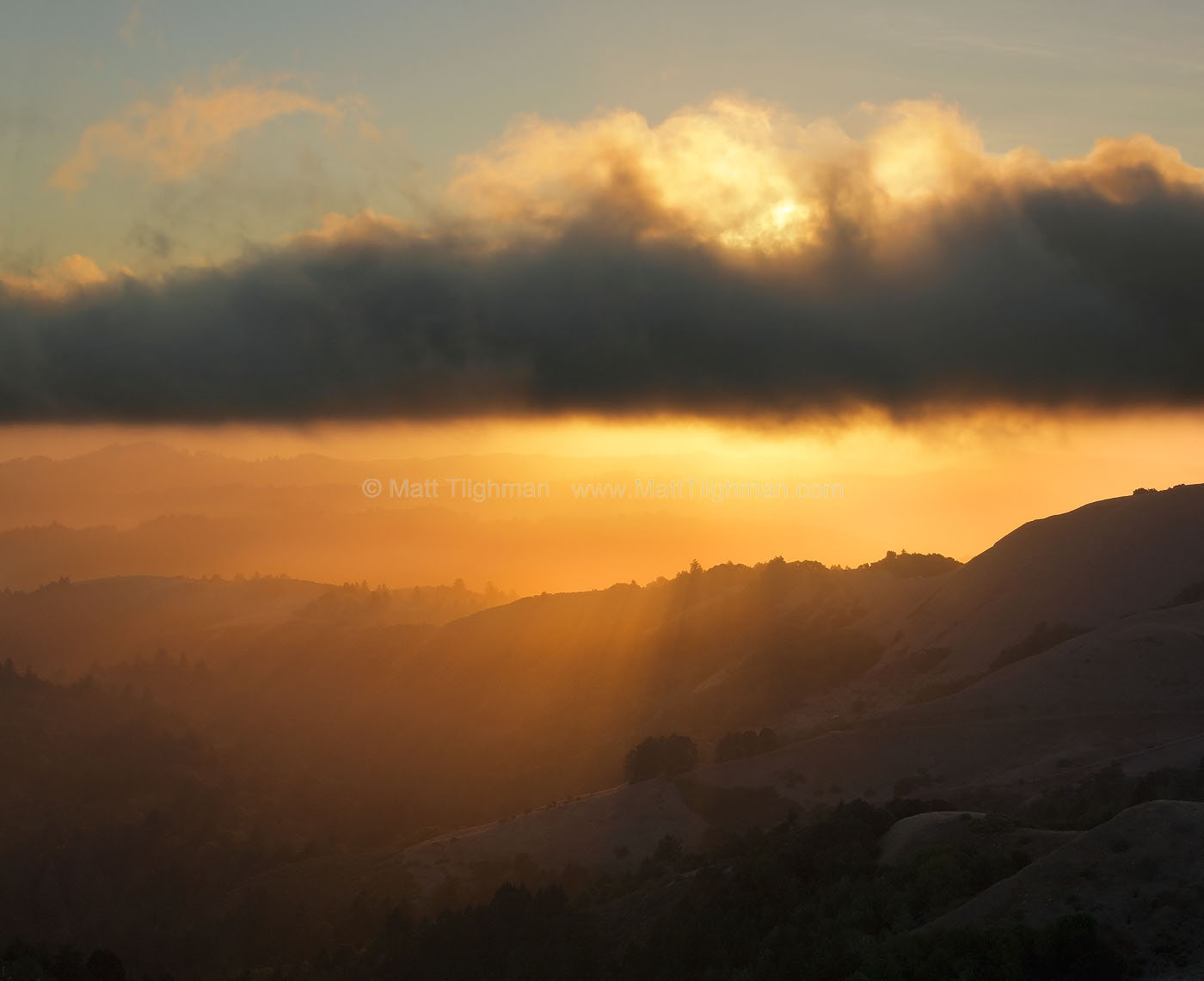Friendship - Sunset Rays in Santa Cruz Mountains Fine art stock landscape photograph from Russian Ridge Open Space, California. Sunset rays get underneath the fog and light up the Santa Cruz Mountains