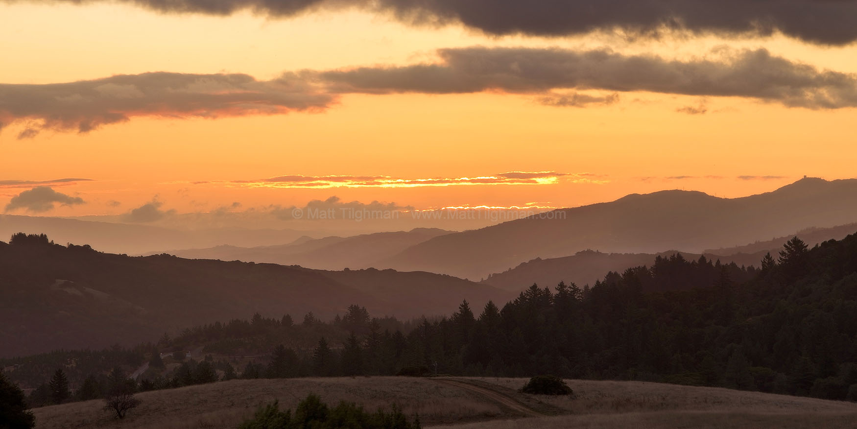 Winter's Gift - Sunrise From Borel Hill Fine art stock landscape photograph from Borel Hill, in the Bay Area's Russian Ridge Preserve. Winter skies bring clouds, finally yielding intriguing sunrises.