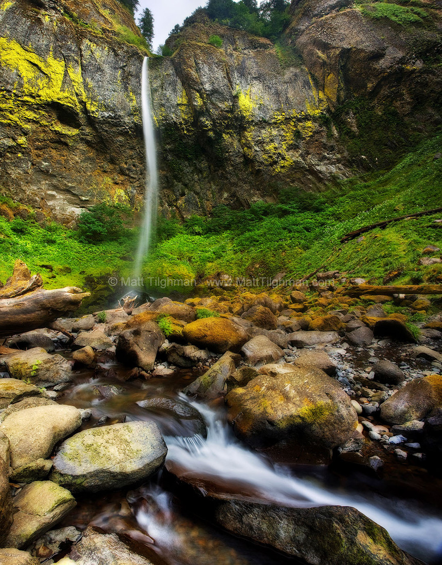 Elowah Falls - Columbia River Gorge Fine art stock landscape photograph of Elowah Falls, a waterfall in Oregon's Columbia River Gorge. On this windy day, the ribbon of water took on many shapes.