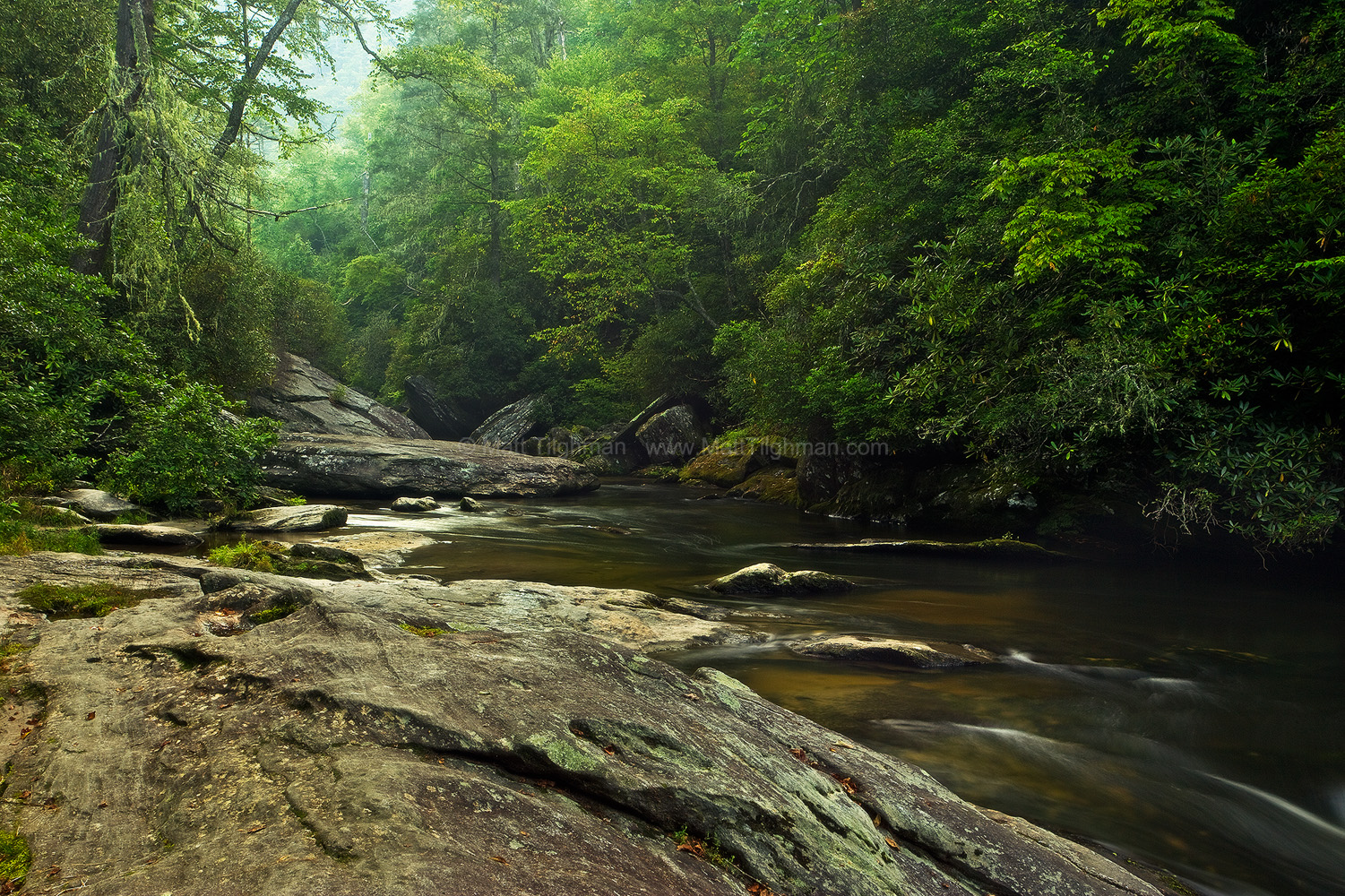 Dawn in the Blue Ridge Mountains Fine art stock photograph of North Carolina's Blue Ridge Mountains at dawn. The Chattooga River cuts through ancient granite boulders in lush green forest.