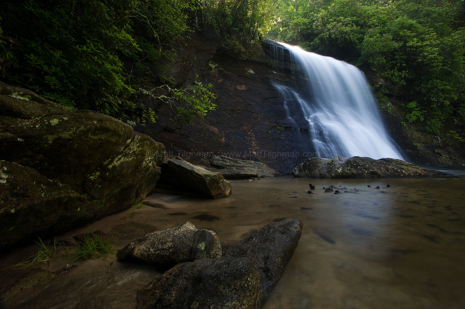 Fine art stock photograph of dawn at Silver Run Falls, a beautiful waterfall located in the Nantahala National Forest near Cashiers, North Carolina.