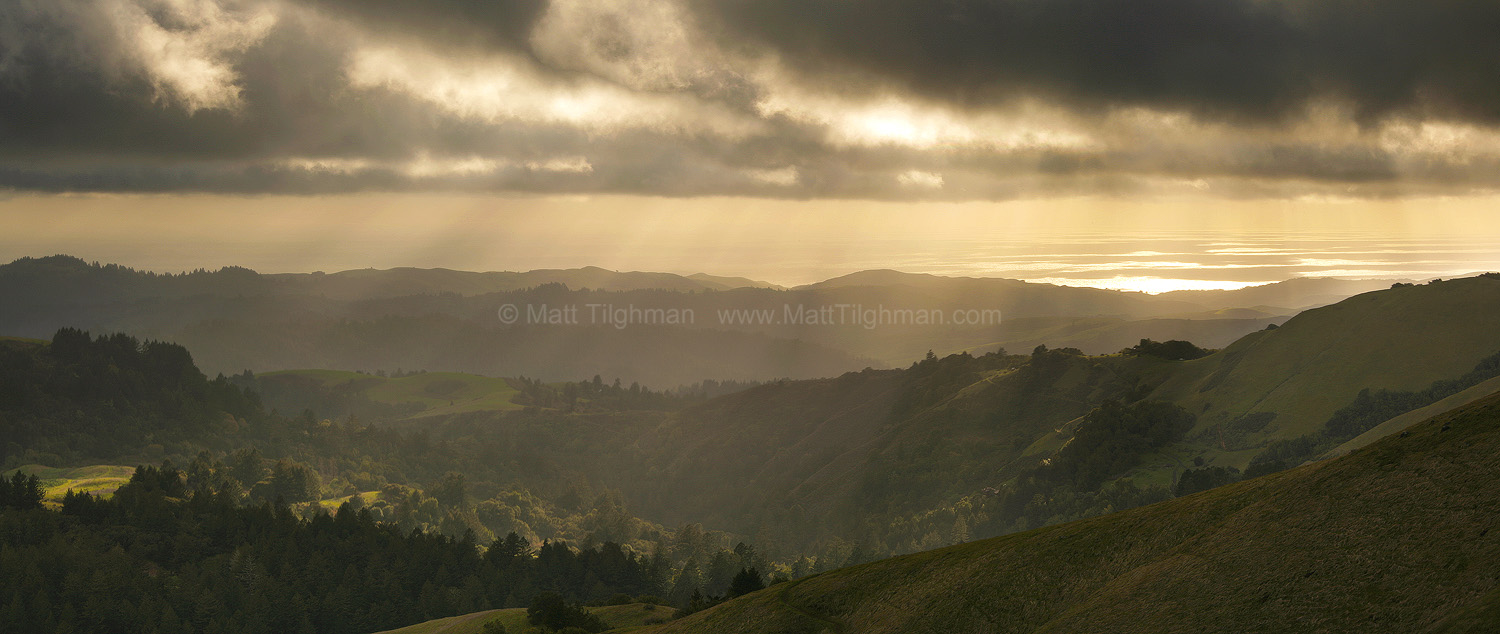 Dapper Dappled Pacific - Santa Cruz Mountains Fine art stock landscape photograph from California's Santa Cruz Mountains. The fog is breaking up, evidenced only by the projected image on the Pacific Ocean.