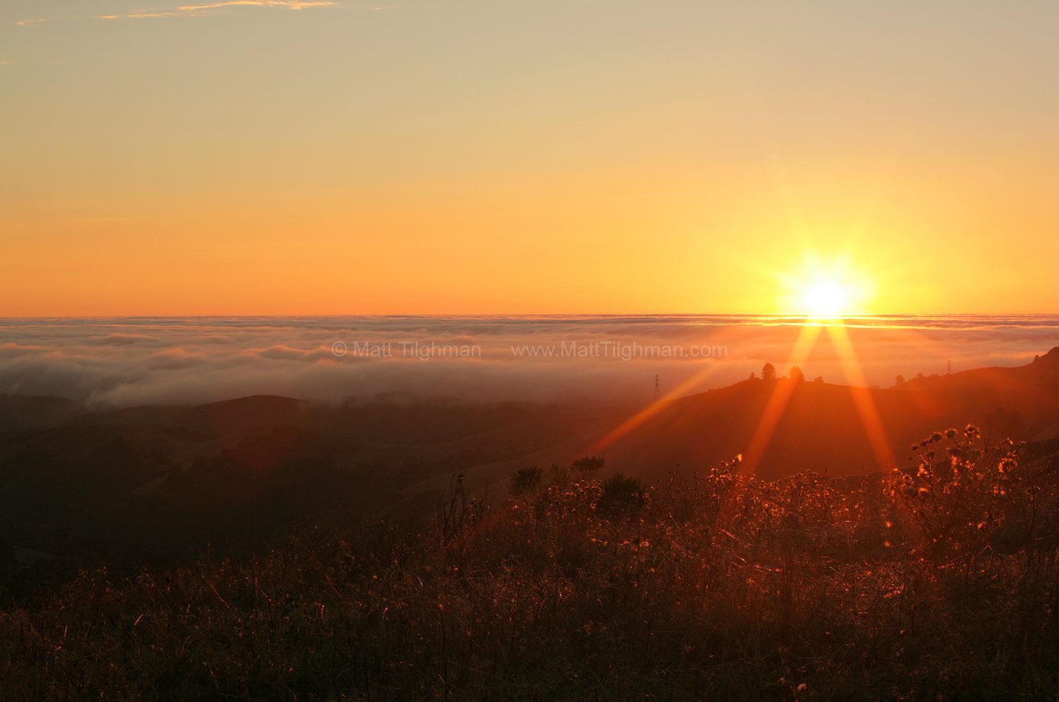 Fine art stock photograph from Windy Hill, in California's Santa Cruz Mountains. A beautiful sunset over gently rolling hills and the fog-covered Pacific Ocean.