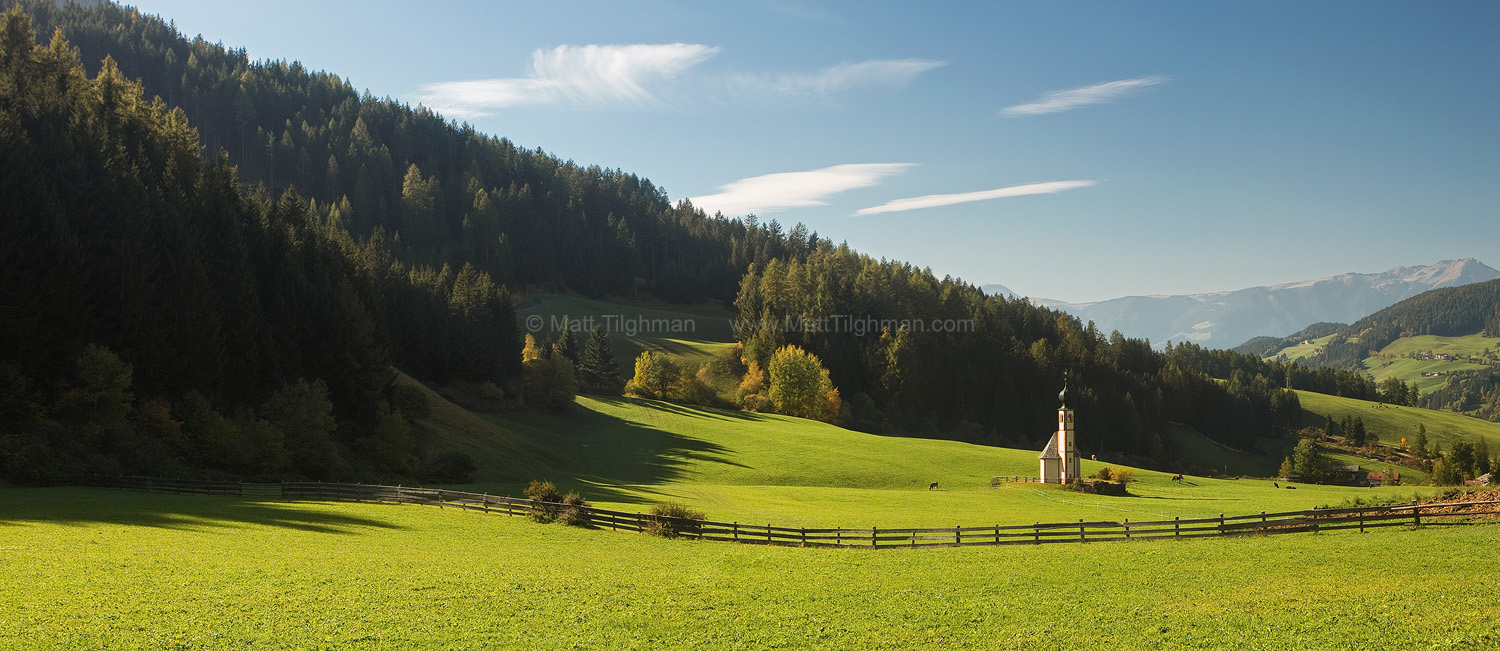 St John in the Valley - Dolomites Church Fine art stock photograph of the church of St John in Ranui, in the Val di Funes area of the Italian Dolomites. This iconic church is known for its beauty and remoteness.